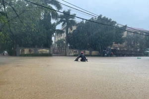 Người dân Can Lộc (Hà Tĩnh) bì bõm sau trận mưa lớn.