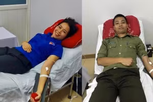 Vợ chồng chị Cảnh và anh Nghĩa tại Bệnh viện Đa khoa Hà Tĩnh.