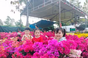 Các em nhỏ chụp hình “check-in” tại khu vực chợ hoa kiểng TP Cà Mau.