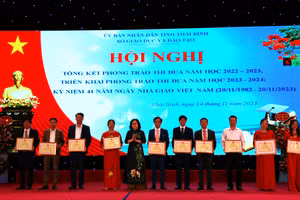 Thứ trưởng Bộ GD&ĐT Ngô Thị Minh trao bằng khen cho các tập thể, cá nhân ngành Giáo dục tỉnh Thái Bình.