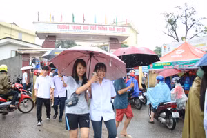 Gần 17.500 thí sinh Thái Nguyên hoàn thành môn thi đầu tiên trong mưa.