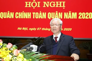 Tổng Bí thư, Chủ tịch nước Nguyễn Phú Trọng phát biểu tại Hội nghị Quân chính toàn quân năm 2020. Ảnh Bộ Quốc phòng