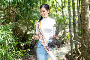 Thái Thị Hoa giới thiệu về rừng ngập mặn Cần Giờ ở Miss Earth. Ảnh: Cao Huy.
