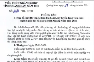 Thông báo mới của Hội đồng tuyển dụng viên chức ngành Giáo dục và đào tạo tỉnh Quảng Nam năm 2021