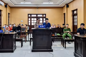 Vợ chồng bị cáo Trương Đình Nhạt và Nguyễn Thị Thủy tại phiên tòa.