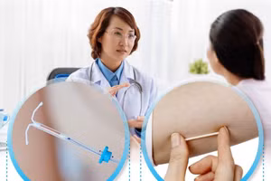 Phụ nữ đang nghe bác sĩ tư vấn đặt vòng tránh thai. Ảnh minh họa