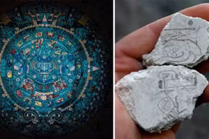 Tái hiện lịch Tzolk’in của người Maya và hai mẫu vật thể hiện ngày “7 con Hươu” của bộ lịch cách nay hơn 2.000 năm.