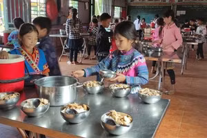 Các trường có học sinh bán trú tăng cường chất lượng bữa ăn để bảo đảm sức khỏe học sinh. Ảnh: NTCC