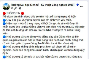 Trường Đại học Kinh tế - Kỹ thuật Công nghiệp đưa thông tin công khai lên fanpage của trường về sự việc nêu trên. Ảnh chụp màn hình. 