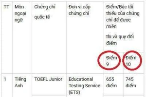 Bảng quy đổi điểm đối với các chứng chỉ ngoại ngữ theo quy định của Sở GD&ĐT Đà Nẵng trước đây