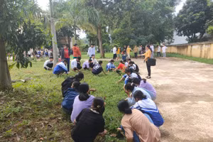 Học sinh toàn trường tham gia lao động tập thể.