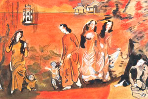 Nguyễn Gia Trí - 'Thiếu nữ bên Hồ Gươm', 1943 - 1944 (Mực sơn ta trên giấy. Phác thảo trên giấy cho bức sơn mài cùng tên).