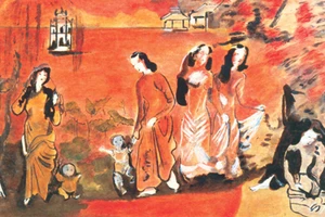 Nguyễn Gia Trí - 'Thiếu nữ bên Hồ Gươm', 1943 - 1944 (Mực sơn ta trên giấy. Phác thảo trên giấy cho bức sơn mài cùng tên).