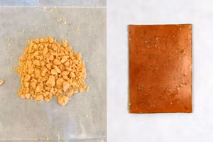 TAL thô do vi khuẩn tạo ra (trái) có thể được trộn với các hóa chất khác để tạo ra loại nhựa PDK có thể tái chế vô tận (phải).