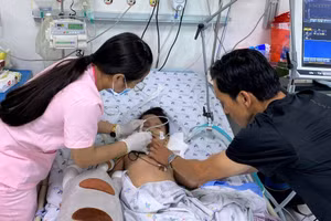 Một bệnh nhi mắc tay chân miệng nặng, điều trị tại BV Nhi đồng Thành phố. (Ảnh: Mai Mai)