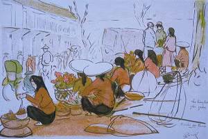 Người bán hàng rong cùng tiếng rao in sâu trong tiềm thức người Hà Nội. (Tranh chụp từ triển lãm 'Gánh hàng rong và những tiếng rao trên đường phố Hà Nội').