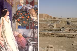 Công chúa Ennigaldi (tranh vẽ) và di tích nơi phát hiện bảo tàng đầu tiên của thế giới.