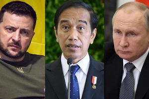 Tổng thống Ukraine Zelensky (trái), Tổng thống Indonesia Widodo (giữa) và Tổng thống Nga Putin.