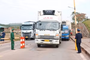Hoạt động xuất khẩu hàng hóa qua lối mở cầu phao tạm Km 3+4 trong sáng nay.