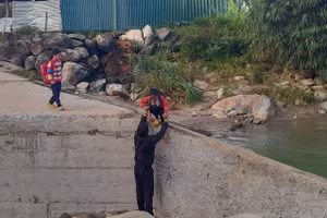 Mố cầu bị nước lũ cuốn trôi, giáo viên túc trực để bế trò vượt suối đến trường.