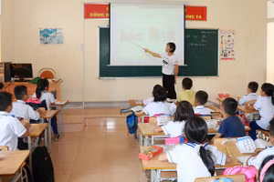 GV môn Tiếng Anh dạy học qua máy chiếu cho học sinh.