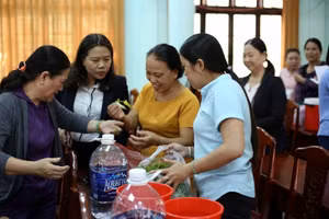 Chị Trịnh Thị Hồng hướng dẫn quy trình sản xuất chế phẩm sinh học từ rác cho Hội Liên hiệp Phụ nữ TP Hội An (Quảng Nam).