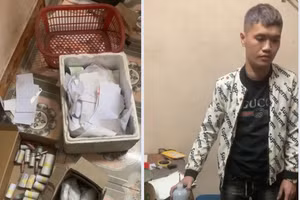 Nguyễn Văn Hoàn và các vật dụng để sản xuất pháo nổ.