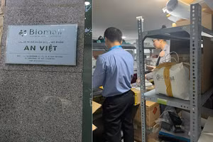 Thanh tra Sở Y tế TPHCM kiểm tra tại kho Chi nhánh Công ty Cổ phần dược mỹ phẩm An Việt phát hiện các sản phẩm mỹ phẩm có nhãn tiếng nước ngoài không nhãn phụ tiếng Việt. (Ảnh: Sở Y tế TPHCM)