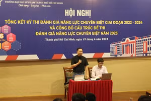 GS.TS Huỳnh Văn Sơn, Hiệu trưởng Trường Đại học Sư phạm TPHCM đánh giá việc giới thiệu cấu trúc đề thi tại hội nghị. (Ảnh: HCMUE).