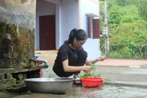 Em Lê Hoa Mai sửa soạn nấu cơm trưa. Ảnh: LT.