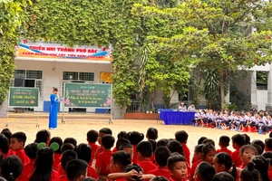 Trường tiểu học Lê Văn Việt (TP Thủ Đức) truyền thông y tế các phòng tránh bệnh đau mắt đỏ cho học sinh.