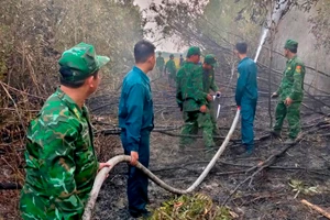 Cán bộ, chiến sĩ đồn Biên phòng Vĩnh Gia tham gia khắc phục hậu quả vụ cháy rừng tràm.