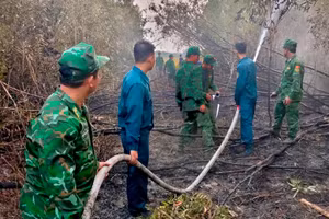 Cán bộ, chiến sĩ đồn Biên phòng Vĩnh Gia tham gia khắc phục hậu quả vụ cháy rừng tràm.
