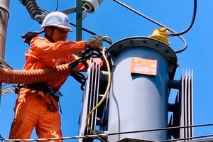 Công nhân Công ty Điện lực Thanh Hoá kiểm tra hoạt động thiết bị điện. (Ảnh: BTH)