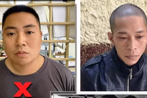 Phạm Hải Đăng (trái) và Nguyễn Đăng Tài tại cơ quan công an. Ảnh: Thái Thanh