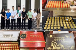 Nguyễn Thị Thịnh (ngoài cùng bên trái) và các bị can cùng tang vật vụ án. (Ảnh: Công an cung cấp)