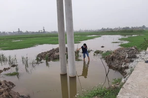 Hố chôn cột điện, nơi xảy hai cháu bé đuối nước. Ảnh: NLĐ