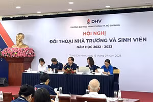 Ban giám hiệu Trường ĐH Hùng Vương TPHCM tại buổi đối thoại với sinh viên. 