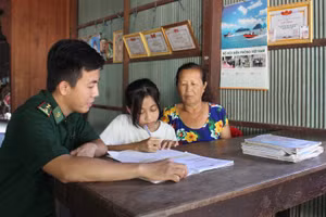 Thượng úy Thái Bá An phụ đạo môn Toán cho Ngân. 