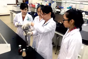 TS Lê Ngọc Liễu (thứ 2 từ phải sang) hướng dẫn sinh viên Trường ĐH Quốc tế - ĐHQG TPHCM nghiên cứu khoa học.