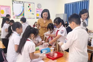 Bà Dương Hồng Minh và HS Trường Tiểu học Thị trấn Đồng Đăng trong một tiết thực nghiệm dạy học hoạt động trải nghiệm theo chủ đề STEM.