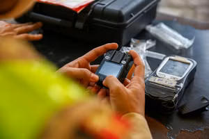 Lực lượng chức năng kiểm tra máy đo nồng độ cồn trước khi vào ca công tác.