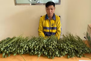 Một trong hai đối tượng và tang vật tại cơ quan công an.