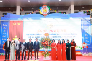 Ông Hoàng Minh Dũng Tiến - Bí thư Quận ủy quận Ba Đình (thứ 6 từ trái sang phải) cùng lãnh đạo về dự và chúc mừng nhà trường.