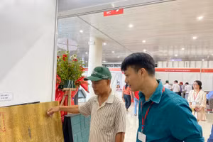 Người dân đang xem sản phẩm được làm bằng nhựa phế liệu tái chế. Ảnh: Hoàng Vinh. 