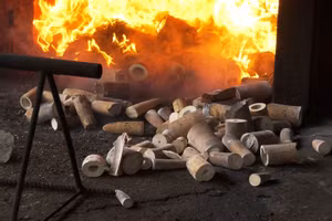 Lực lượng chức năng tiêu hủy số lượng ngà voi buôn lậu. Ảnh: Cục Thi hành án dân sự