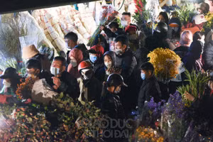 Chợ hoa đêm Quảng An tấp nập người đến mua hoa.