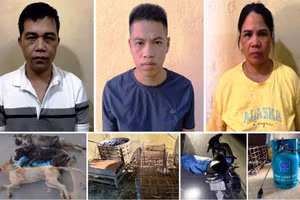Các nghi phạm trộm chó và tang vật vụ án. Ảnh: Công an cung cấp.