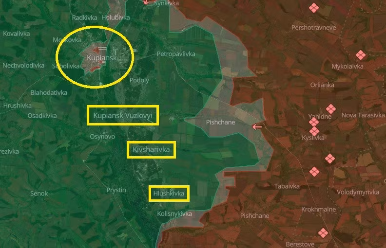 Trên bản đồ chiến sự của DeepState ngày 29/01/2026, quân Nga vẫn chưa chiếm được Kupiansk-Vuzloyi, cũng không thể hiện đang có giao tranh ở Kivsharivka và Hlushkivka