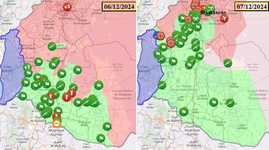 Bản đồ chiến sự ngày 06 và 07/12 cho thấy rõ bước tiến rất nhanh của phiến quân áp sát thủ đô Damascus